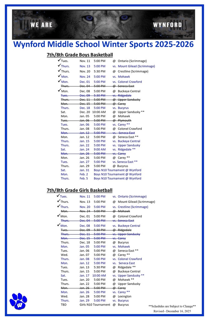 Wynford Middle School Winter Sports