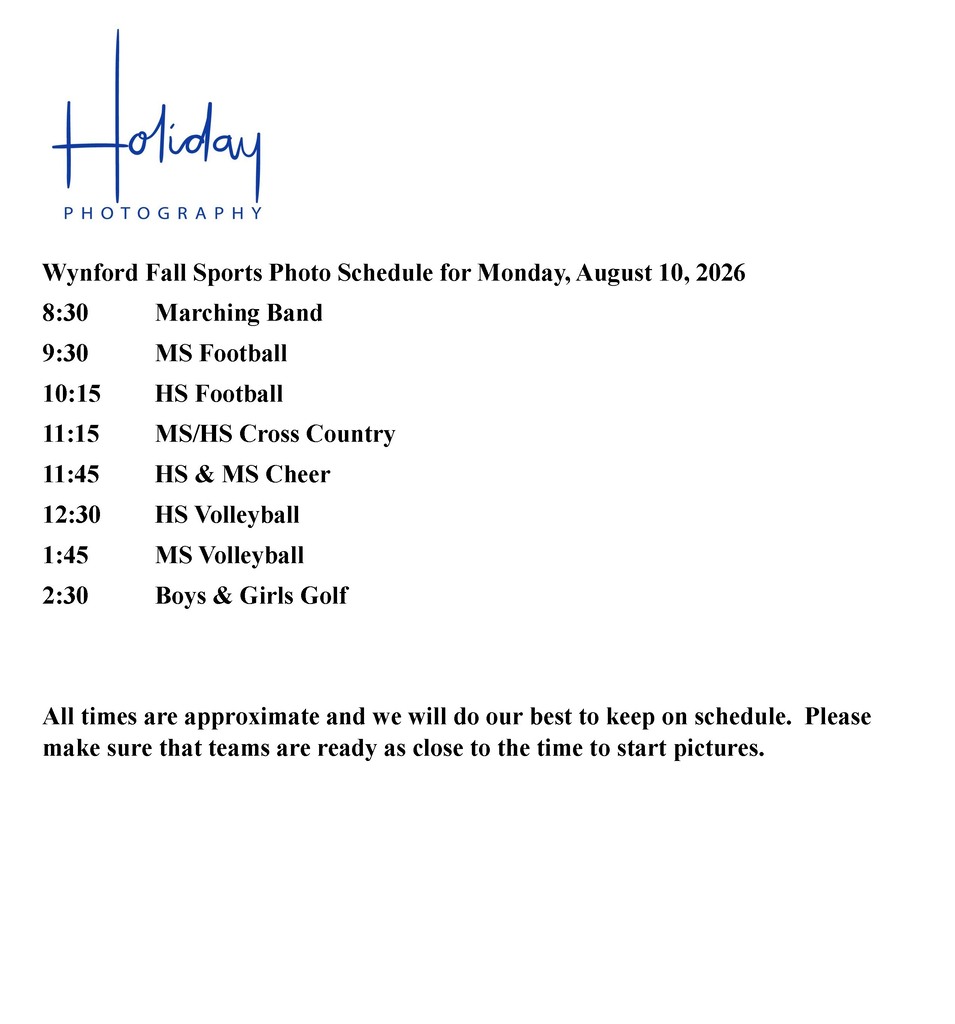 Fall 2026 Photo Schedule