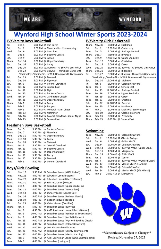 Wynford High School Winter Sports 2023-2024 Schedules