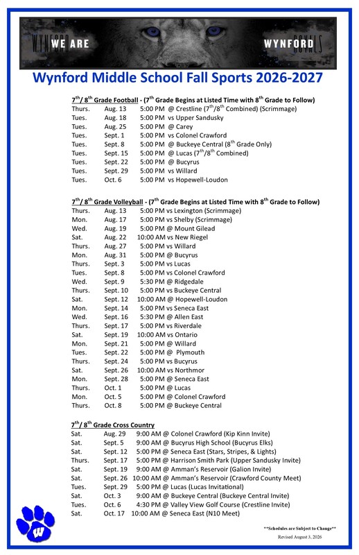 Middle School Fall Sports Schedule