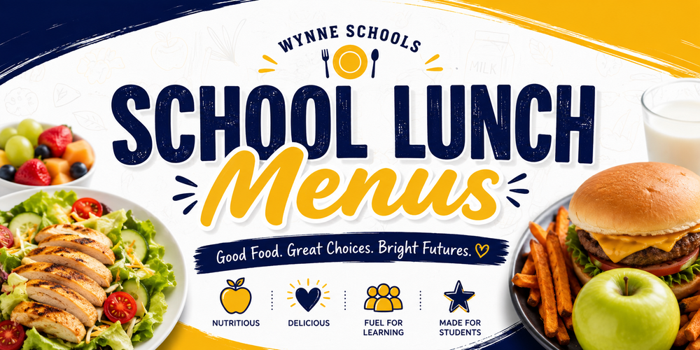 Image of various types of food and the title of Wynne Schools Lunch Menus
