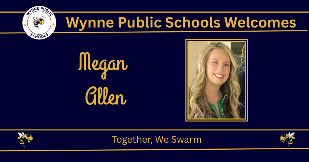 Blue background with a gold border features text and a photo of Megan Allen. Her name and a school logo are highlighted.