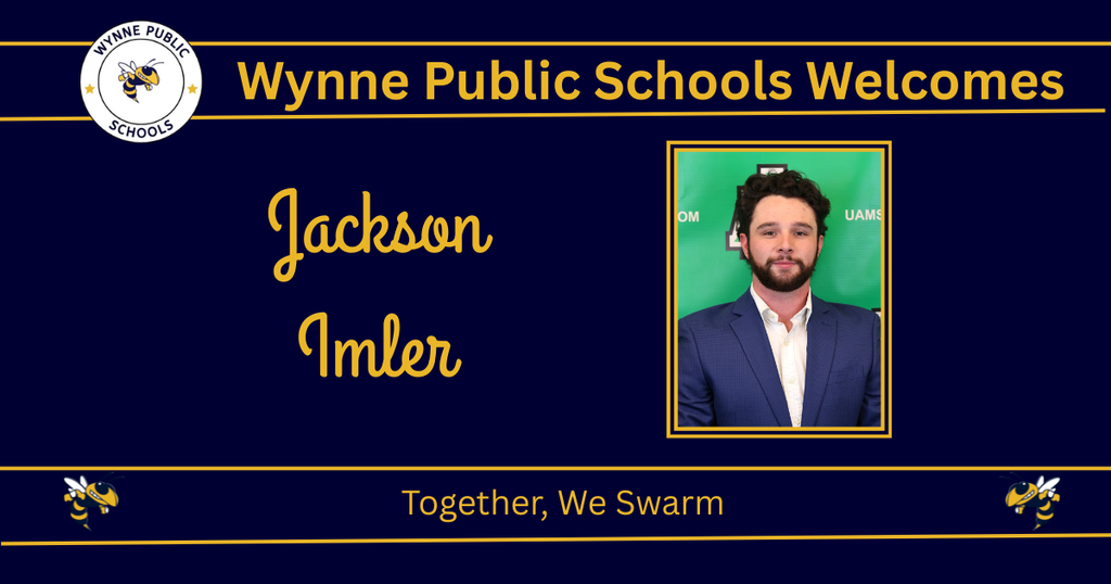 Blue background with "Wynn Public Schools Welcomes Jackson Imer" in yellow. Photo of man in blue suit, white shirt, beard, and glasses.