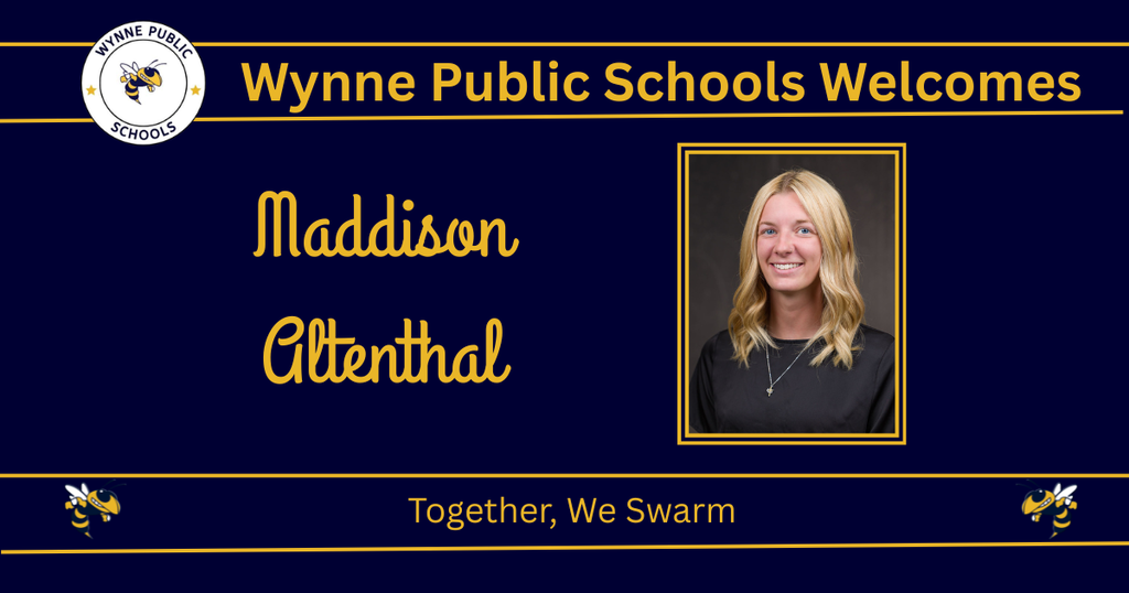 A blue background displays "Wynn Public Schools Welcomes" with a smiling woman named Madison Altenthal, wearing a necklace.