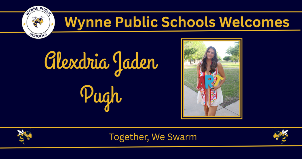 Blue background with gold border. "Wynn Public Schools Welcomes" at top. Photo of person in white dress holding books. Name "Alexdria Jaden Pugh" in yellow font.