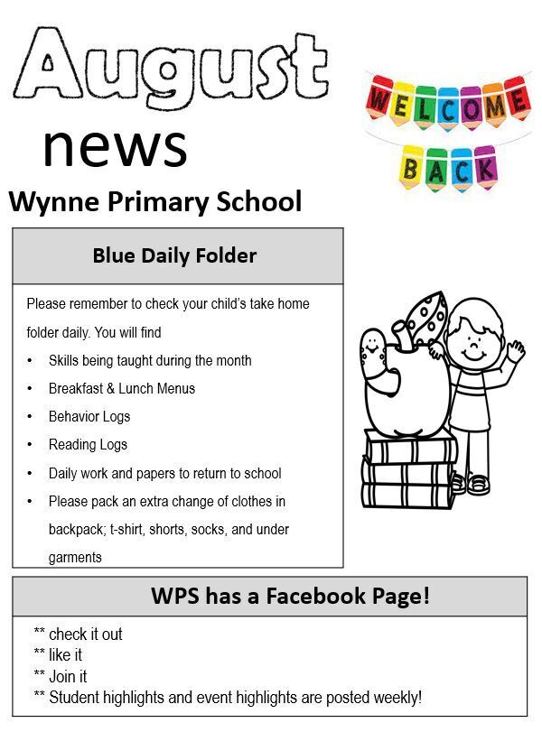 August Newsletter at WPS with important facts about Blue Folder and what to expect daily, as well as, check out our Wynne Primary Facebook page. 