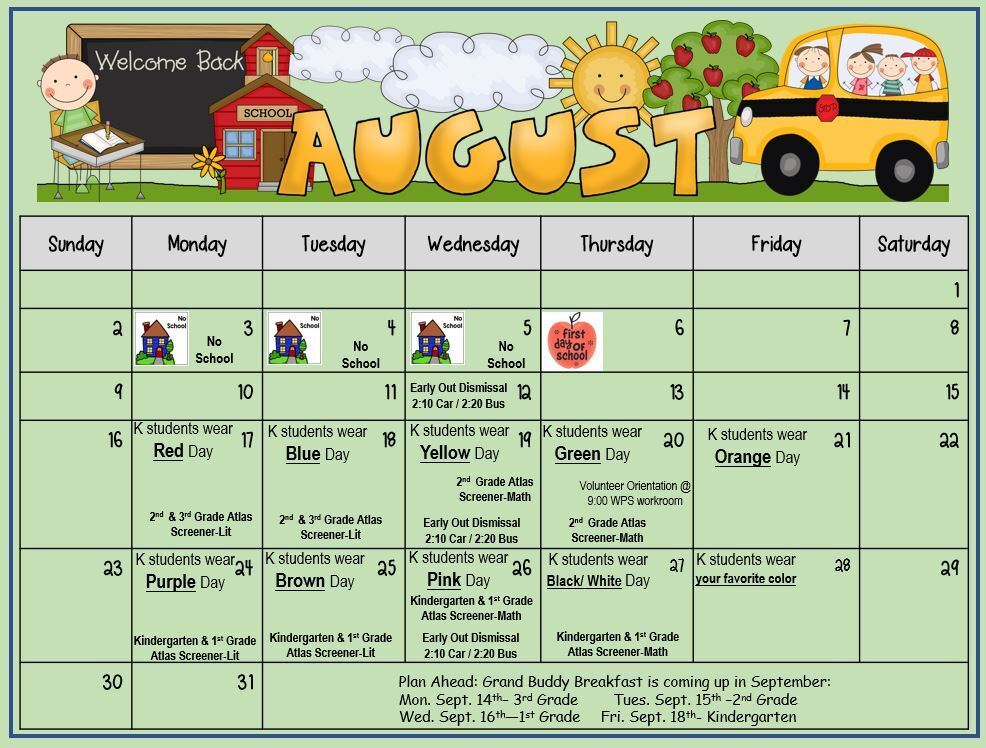The month of August calendar with important dates for WPS