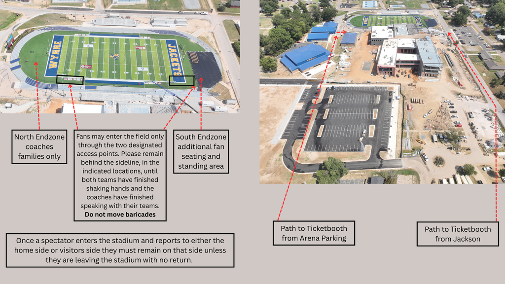 Two diagrams of a stadium. The first shows access points and seating areas. The second shows paths to the ticket booths.