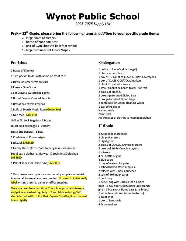 School Supplies List 25-26