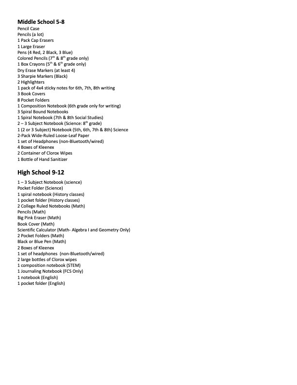 School Supplies List