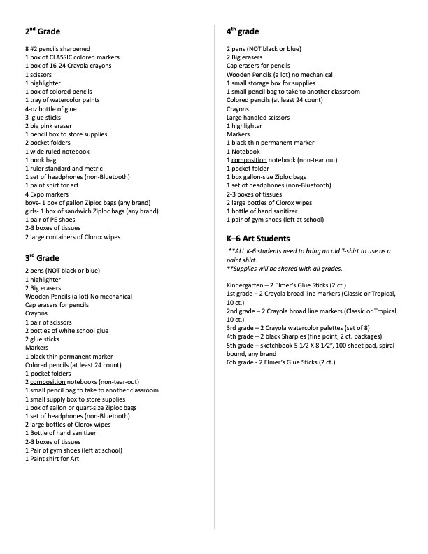 School Supplies List