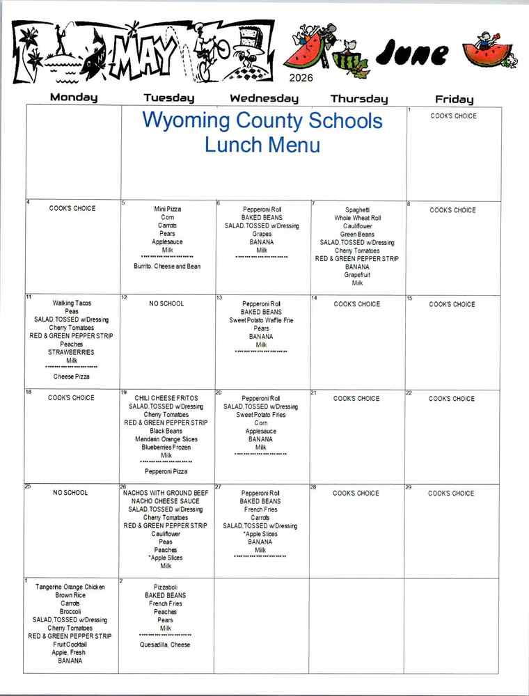 May & June Lunch Menu