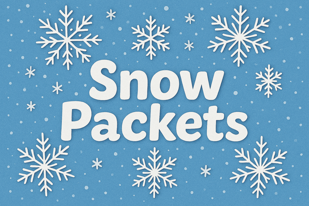 snowflakes in the background woth the workds "Snow Packets" in big letters