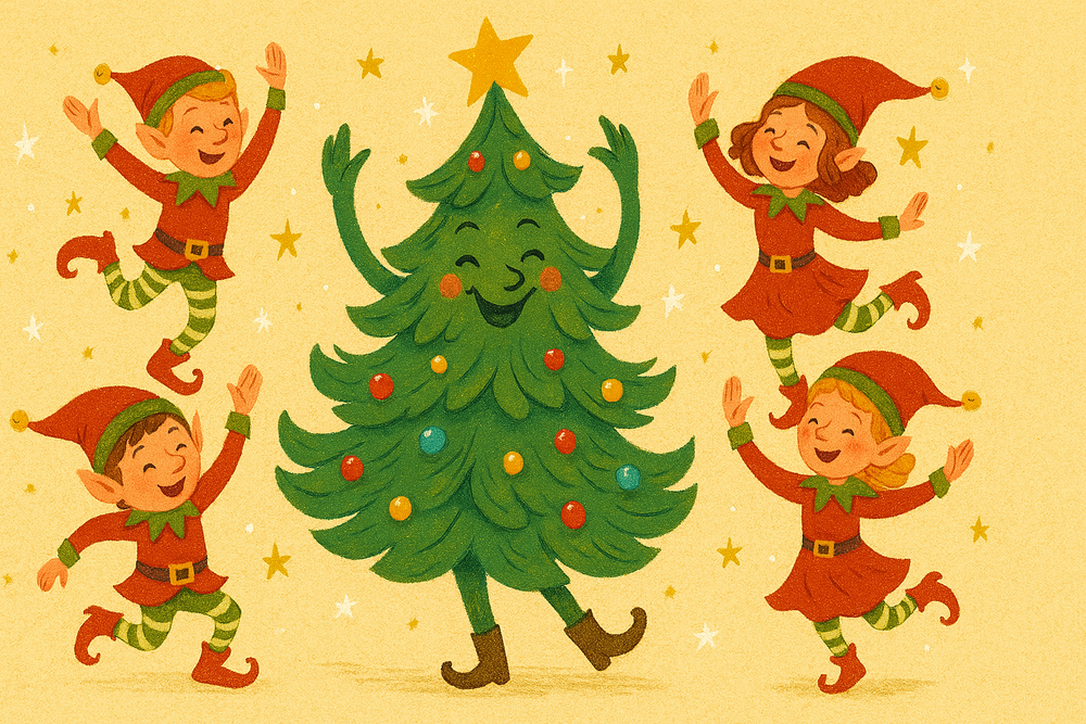 dancing christmas tree surrouned by four joyful dancing elves