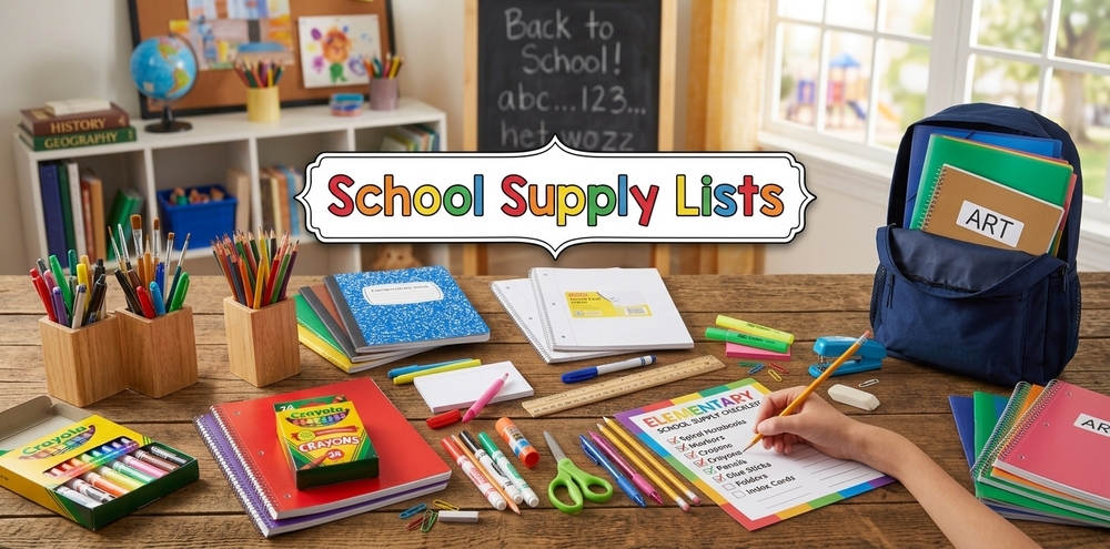 A classroom setting with a wooden desk and varioius school supplis on the desk title bar says school supply list