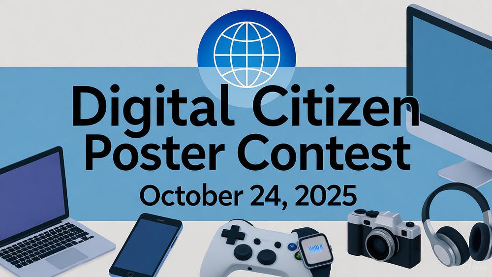 Banner with the words Digital Citizen Poster Contest with the date October 24, 2025. Multiple electronic devices line the bottom, including a laptop, smartphone, game controller, and computer monitor.