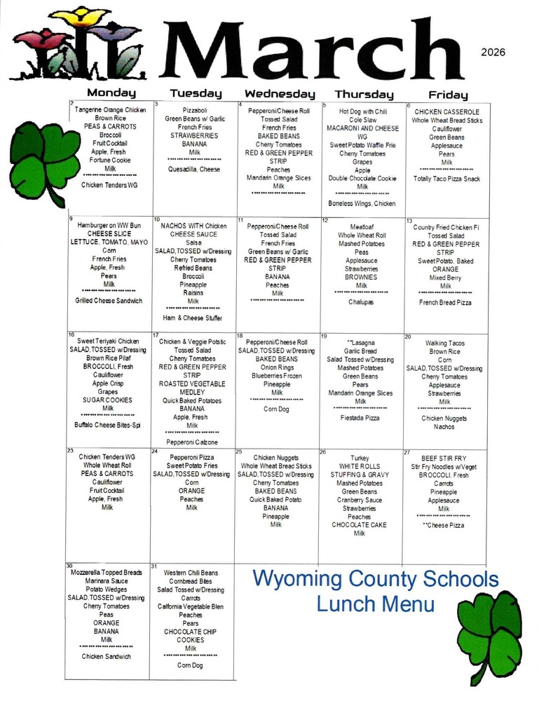 March Lunch Menu