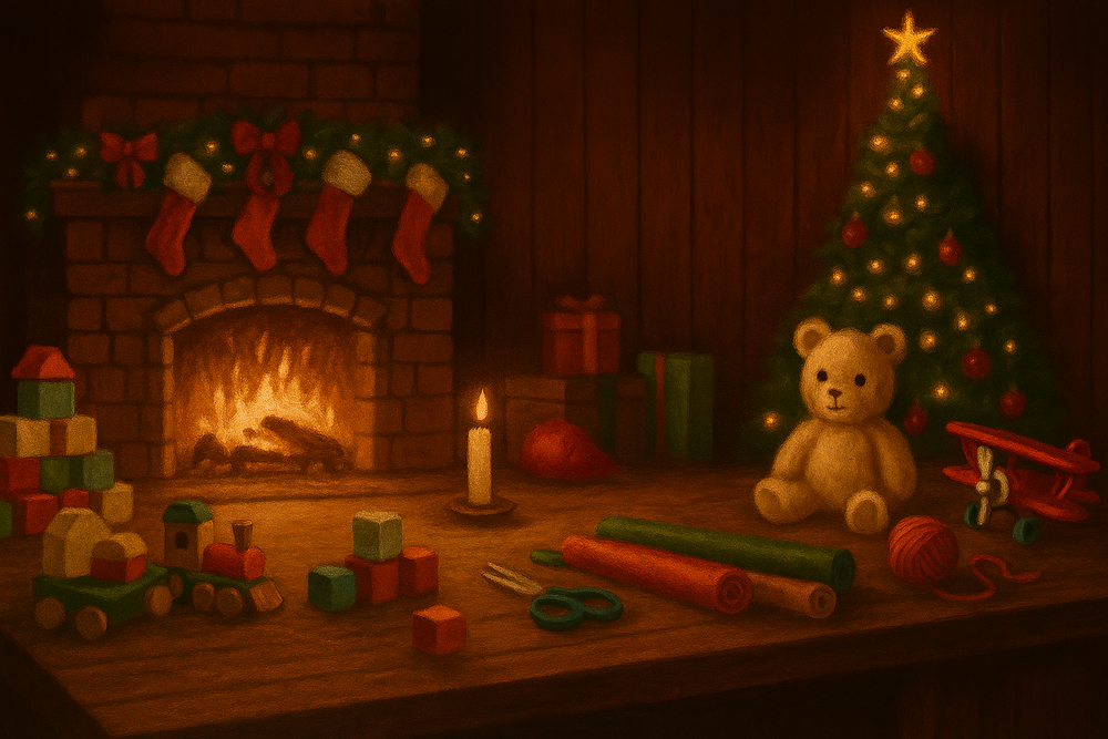 toy workshop with a fireplace in the background