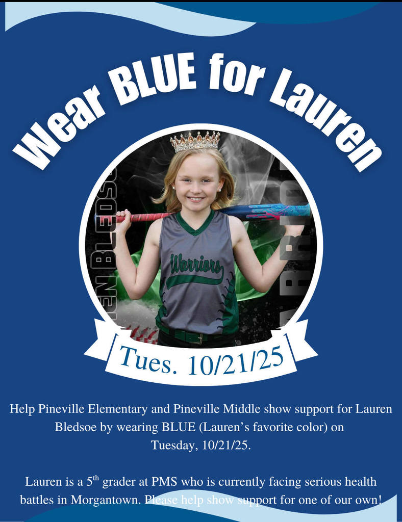 Lauren Bledsoe in her Warriors uniform on a blue background with white lettering saying Wear BLUE for Lauren.