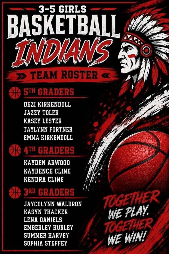 Team Roster for the 3-5 Grade Indians Basketball. Fith Grade: Dezi Kirkendoll, Jazzy Toler, Kasey Lester, Taylynn Fortner, Emma Kirkendoll. Fourth Graders: Kayden Arwood, Kaydence Cline, Kendra Cline. 3rd Graders, Jaycelynn Waldron, Kasyn Thacker, Lena Daniels, Emberley Hurley, Summer Harvey, Sophia Steffey.