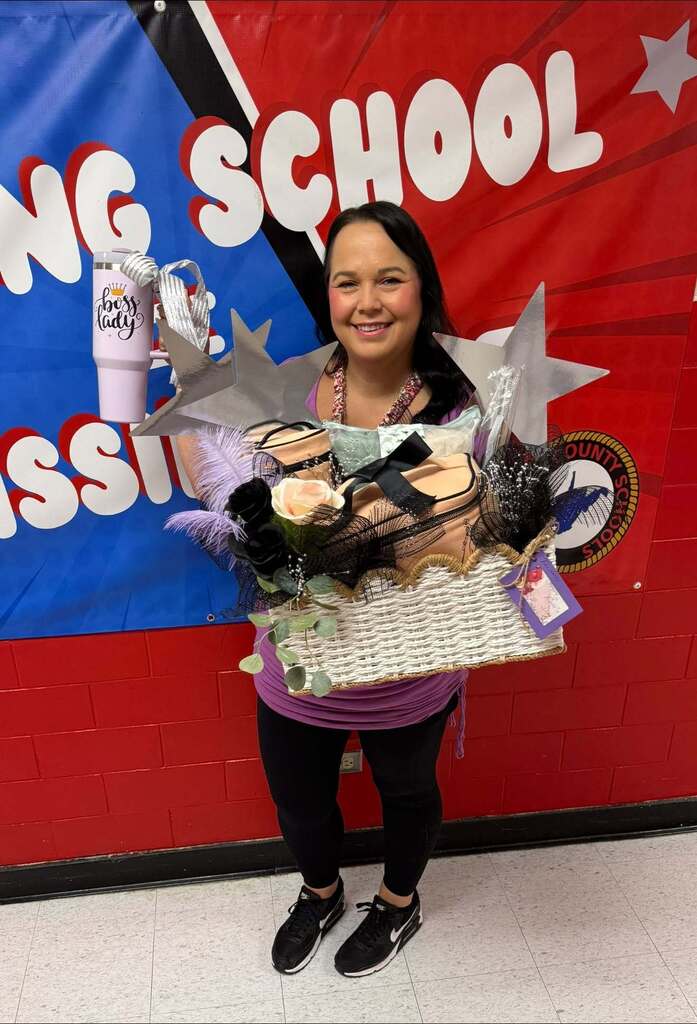 Mrs. Wallen with her gifts for bosses day.