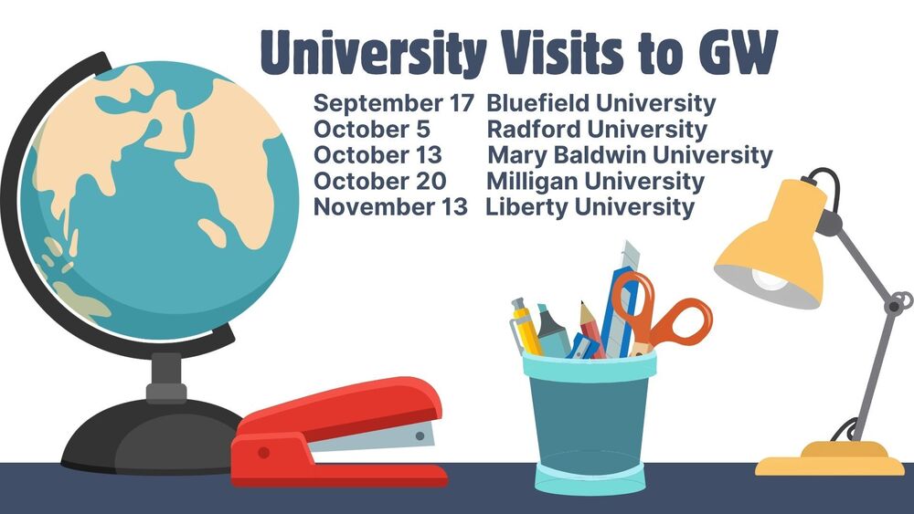 University Visits to GW  September 17  Bluefield University October 5          Radford University October 13        Mary Baldwin University October 20       Milligan University November 13   Liberty University
