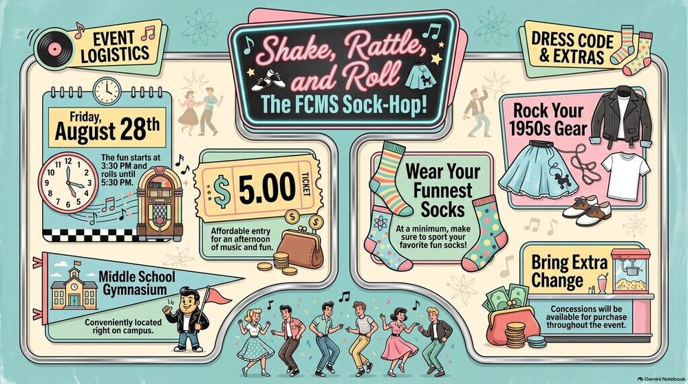 FCMS Sock Hop!  Date & Time: Friday, August 28th, from 3:30 PM to 5:30 PM.  Location: Middle School Gymnasium (conveniently located on campus).  Admission: $5.00 per ticket.  Dress Code & Extras  Wear Your Funnest Socks: At minimum, attendees are encouraged to wear their favorite colorful or patterned socks.  Rock Your 1950s Gear: Optional 1950s-themed dress, including leather jackets, white T-shirts, poodle skirts, and saddle shoes.  Bring Extra Change: Concessions (snacks and drinks) will be available for purchase throughout the event.