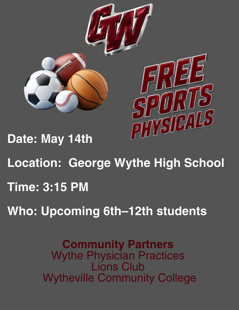 Free Sports Physicals will be offered at GWHS for upcoming 6th - 12th graders who wish to participate in sports for the upcoming school year.