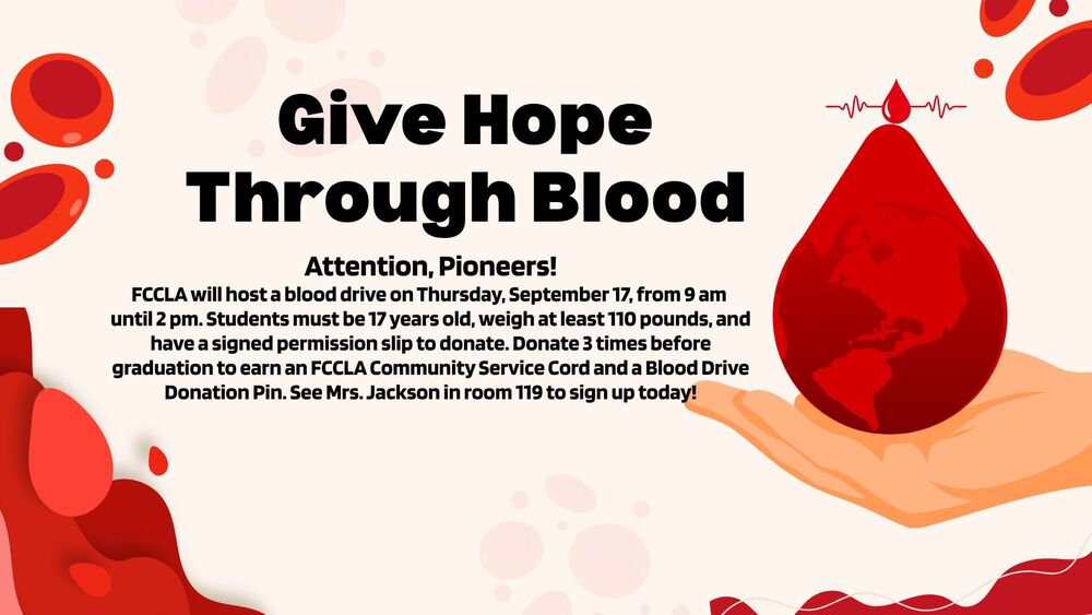 Blood Drive on 9/17 from 9 to  2