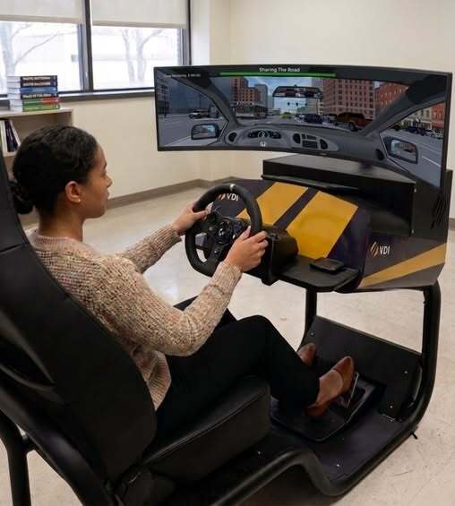 Student using driving simulator.