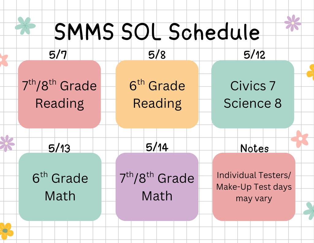 SMMS SOL Schedule. May 7th- 7th and 8th Grade Reading. May 8th 6th Grade Reading. May 12th Civics 7 and Science 8. May 13th 6th Grade Math. May 14th 7th and 8th Grade Math. 