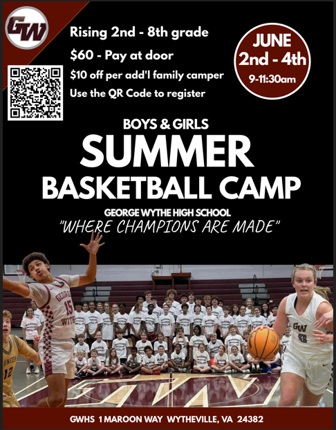 Rising 2nd - 8th Graders are invited to join the GWHS Summer Basketball Camp on on June 2nd-4th from 9-11:30. The cost is $60 at the door. Please use the QR Code to register if you are interested. 