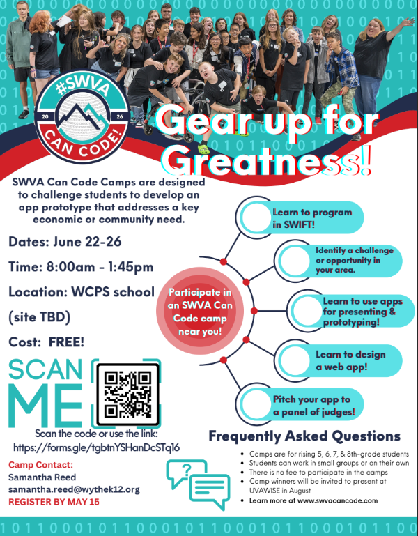 WCPS  is excited to be offering the SWVA Can Code Camp this summer for rising 5-8 grade students. The  camp is free and will be June 22-26 from 8:00-1:45.    Sign Up today!