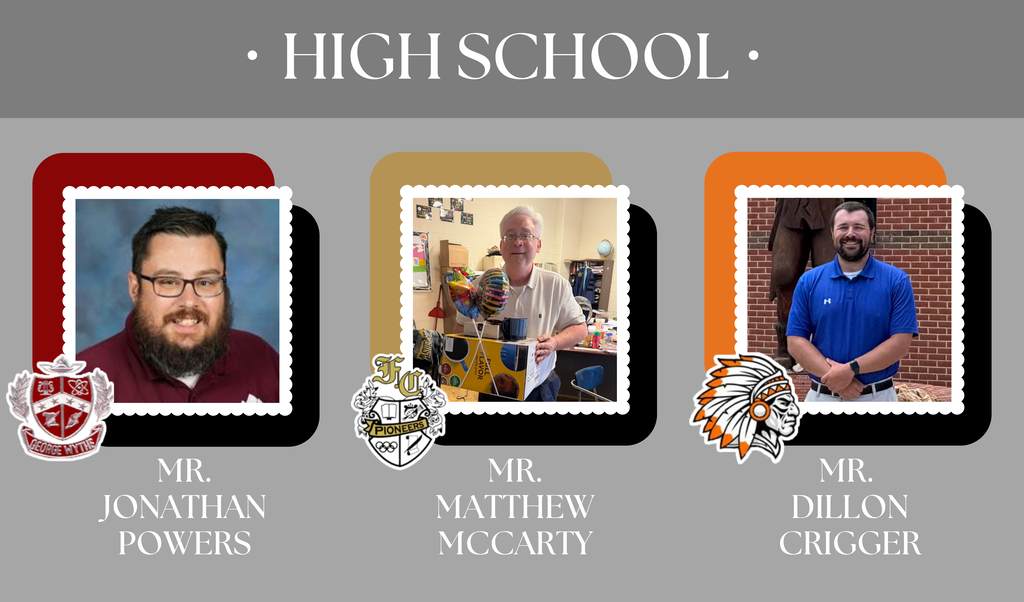 Three high school teachers of the year - GWHS Mr. Jonathan Powers, FCHS Mr. Matthew McCarty, RRHS Mr. Dillon Crigger.