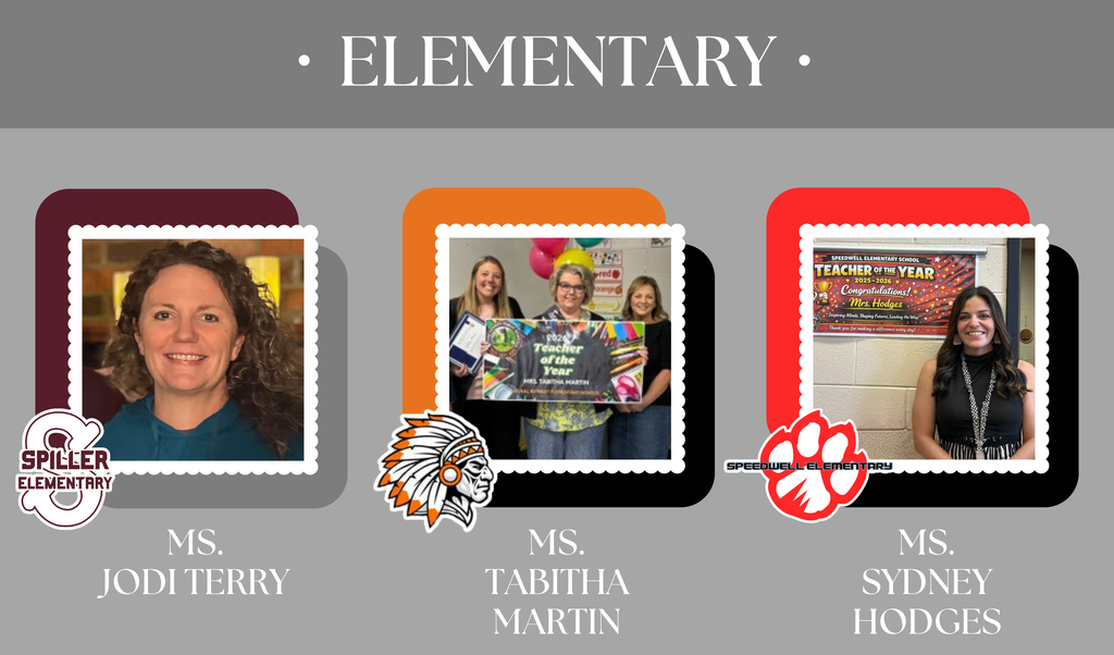 Three elementary school teachers of the year. Spiller Ms. Jodi Terry, RRES Ms. Tabitha Martin, Speedwell Ms. Sydney Hodges.