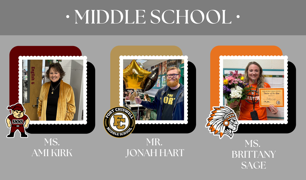 Three middle school teachers of the year. SMMA Ms. Ami Kirk, FCMS Mr. Jonah Hart, RRMS Ms. Brittany Sage.