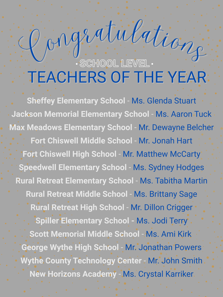 Congratulation school level teachers of the year. Sheffey Elementary School - Ms. Glenda Stuart, Jackson Memorial Elementary School - Ms. Aaron Tuck, Max Meadows Elementary School - Mr. Dewayne Belcher, Fort Chiswell Middle School - Mr. Jonah Hart, Fort Chiswell High School - Mr. Matthew McCarty, Speedwell Elementary School - Ms. Sydney Hodges, Rural Retreat Elementary School - Ms. Tabitha Martin, Rural Retreat Middle School - Ms. Brittany Sage, Rural Retreat High School - Mr. Dillon Crigger, Spiller Elementary School - Ms. Jodi Terry, Scott Memorial Middle School - Ms. Ami Kirk, George Wythe High School - Mr. Jonathan Powers, Wythe County Technology Center - Mr. John Smith, New Horizons Academy - Ms. Crystal Karriker