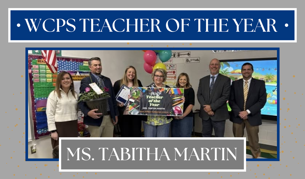 Wythe County Public Schools teach of the year accepting award from (left to right) WWBC Ms. Stephanie Parker, WCPS Mr. Charles DeBord, WCPS Dr. Samantha Reed, WCPS Ms,. Shannon Vaught, WCPS Dr. Wesley Poole, WCPS Dr. Russell Street.