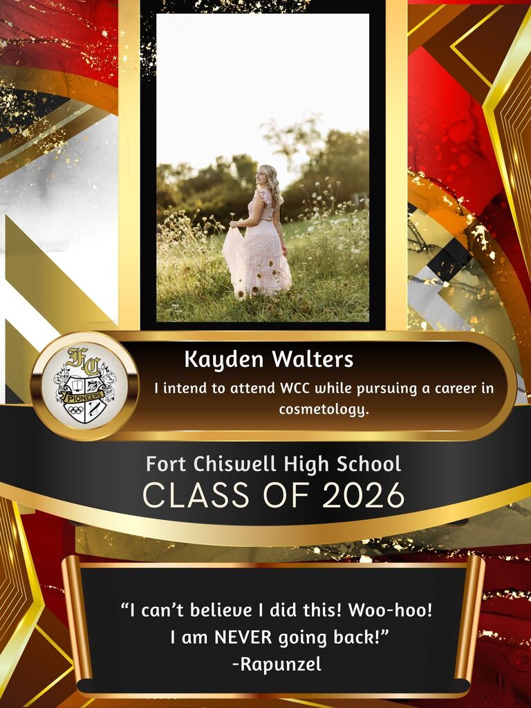 Kayden Walters: I intend to attend WCC while pursuing a career in cosmetology. "I can't believe I did this! Woo-hoo! I am NEVER going back!" - Rapunzel