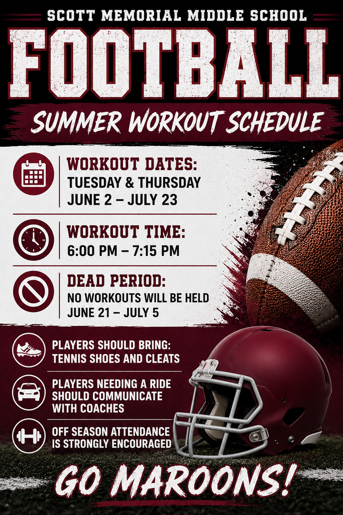 Summer Workouts for football will be Tuesday and Thursday starting June 2nd through July 23rd from 6:00pm to 7:15pm. There will be no workouts from June 21st through July 5th. Players should be tennis shoes and cleats. Students who need a ride need to communicate with coaches. 