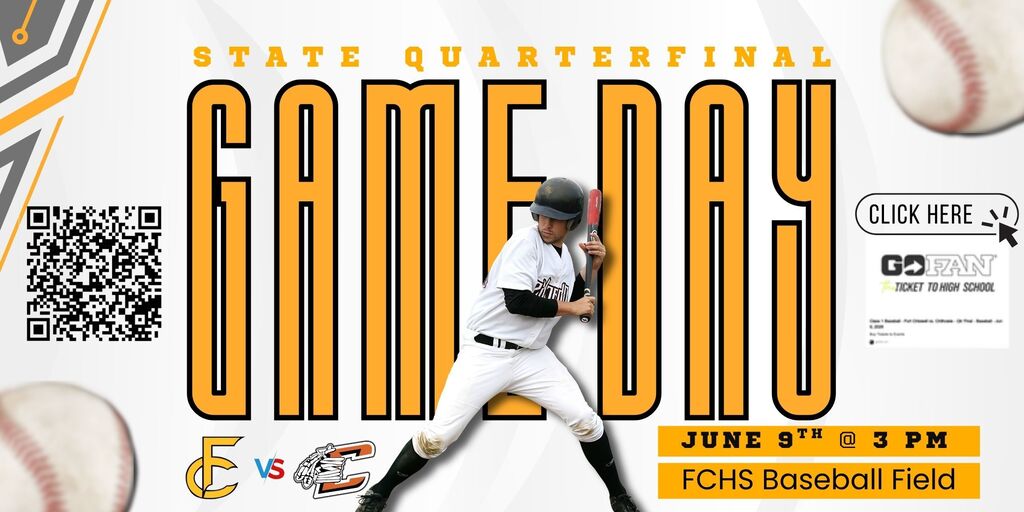 State quarterfinal gameday june 9th at 3 pm at fchs baseball field. scan qr code or click link to purchase tickets on Go Fan. FC versus chilhowie