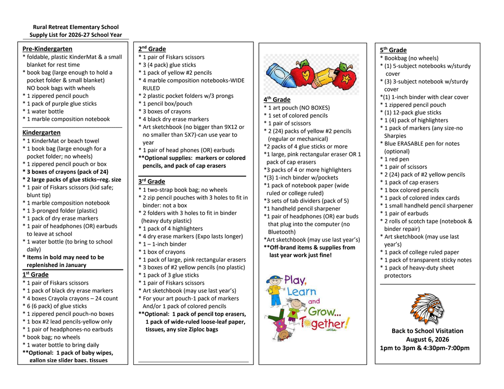 2026-2027 school supply list