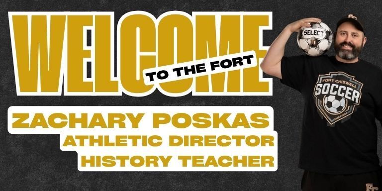 Welcome to the for Zachary Poskas athletic director and history teacher. Image of soccer coach holding a soccer ball.