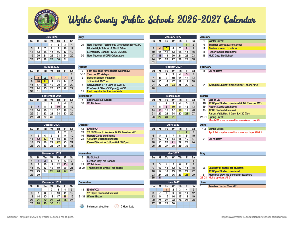 2026-2027 WCPS Calendar