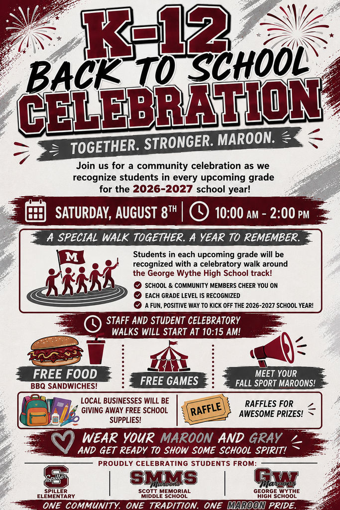 Join us for a back to school celebration for the K-12 Maroons! The celebration will be on Saturday, August 8th from 10:00-2:00 at the GWHS track. Each grade level will be recognized to do a lap around the track. There will be free food, games, and give-aways. We hope we see you there!