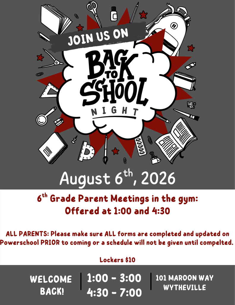 SMMS Back to School night will be on August 6th from 1:00-3:00 and 4:30-7:00. Sixth grade meeetings will be offered at 1:00 and 4:30 in the gym. Please have all forms completed in Powerschool Prior to the sixth to recieve a schedule at meet the teacher night. Lockers can be purchased for $10 on meet the teacher night. We are excited to see you there!