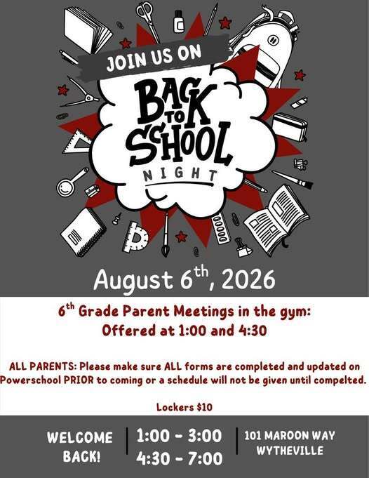 SMMS Back to School night will be on tomorrow, August 6th, from 1:00-3:00 and 4:30-7:00. Sixth grade meetings will be offered at 1:00 and 4:30 in the gym. A golf interest meeting will also be held at 5:30. Please complete all required Powerschool forms prior to attending in order to recieve your student's schedule. Lockers may be purchased for $10.