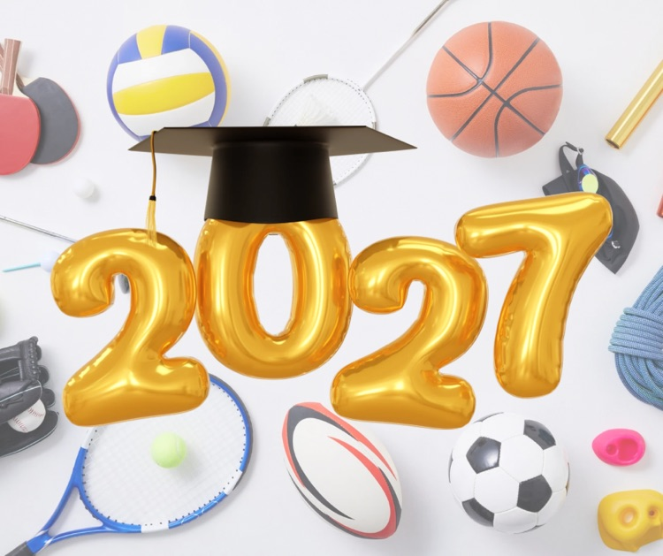image of sports equipment and balloons that say 2027 with a graduation cap