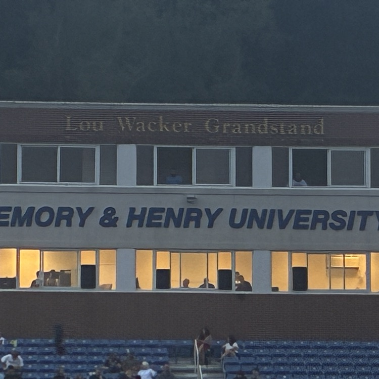 Emory and Henry University football stadium press box and stands.