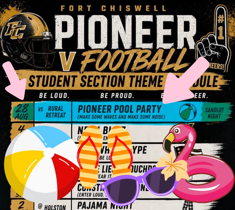 Pioneer football schedule with a beach ball, flip flops, sunglasses, and flamingo float. August 28 is football game against Rural Retreat and is also Sandlot night.